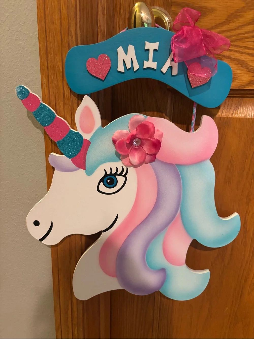 Unicorn Door Hanger - Personalized Mia - Pink Blue Pastel